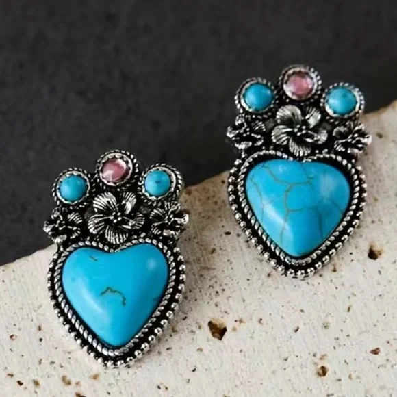 Heart Turquoise, Lab Created, Vintage Look Silver tone Hippie, Tribal Earrings - Picture 4 of 5